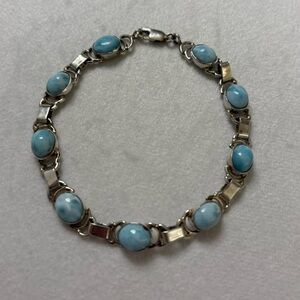 Vintage 925 Sterling Silver Larimar Blue Gemstones Line Bracelet 7.5” Long